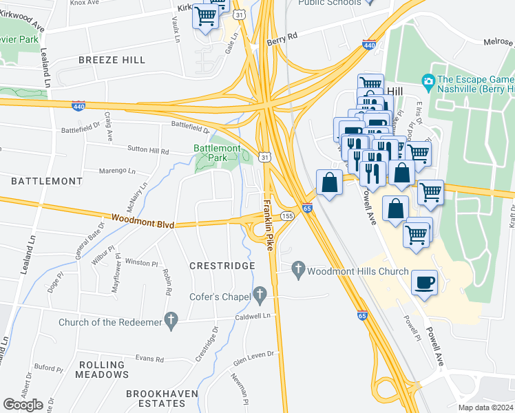 map of restaurants, bars, coffee shops, grocery stores, and more near in Nashville