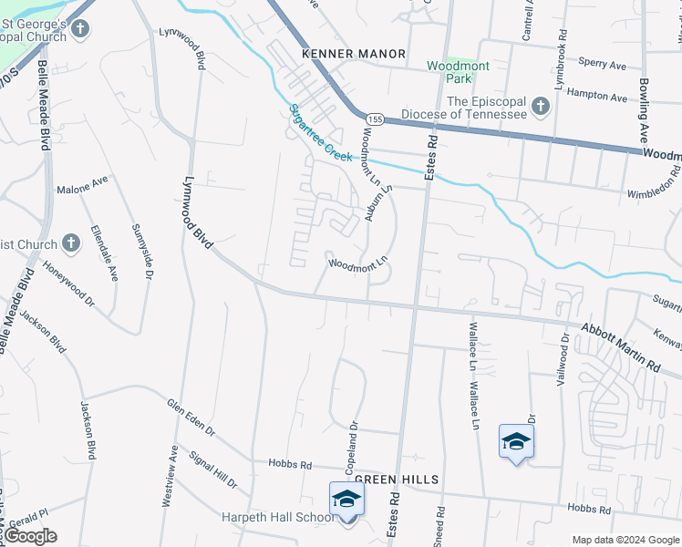 map of restaurants, bars, coffee shops, grocery stores, and more near 3810 Woodmont Lane in Nashville
