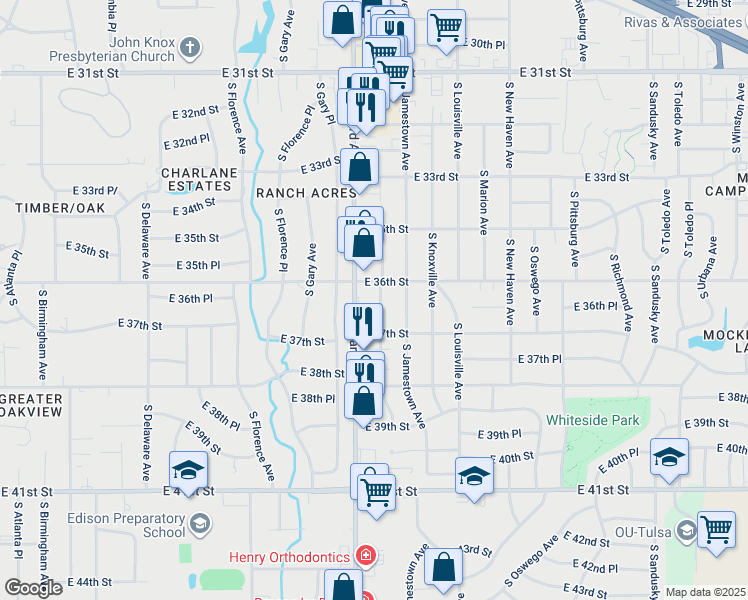 map of restaurants, bars, coffee shops, grocery stores, and more near 3611 South Harvard Avenue in Tulsa