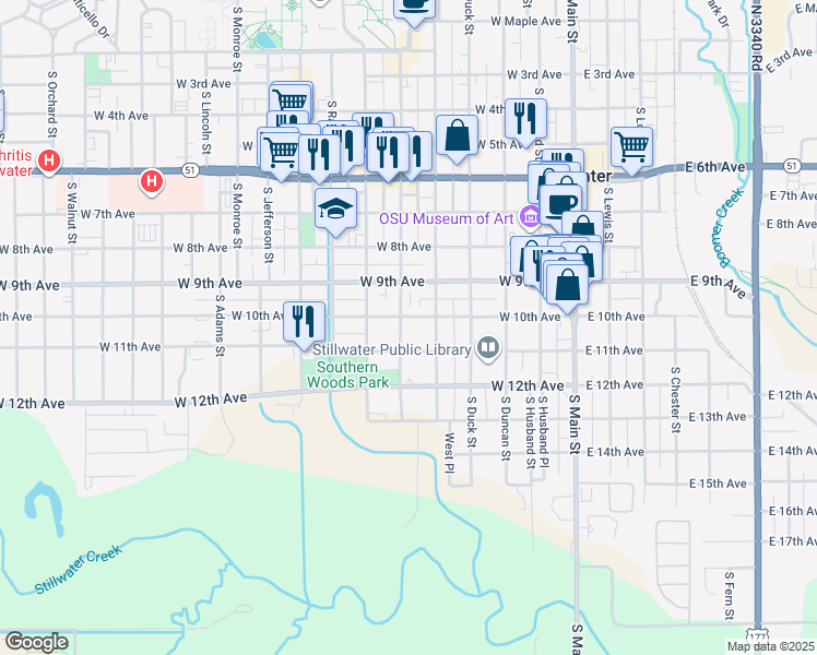 map of restaurants, bars, coffee shops, grocery stores, and more near 515 West 10th Avenue in Stillwater