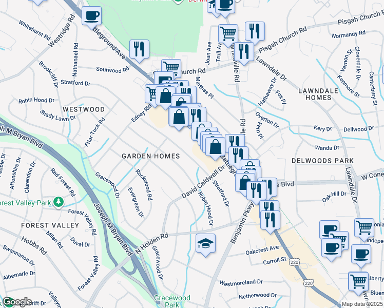 map of restaurants, bars, coffee shops, grocery stores, and more near 2716 Stratford Dr in Greensboro