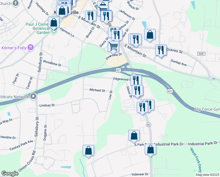 map of restaurants, bars, coffee shops, grocery stores, and more near 720 Lee St in Kernersville