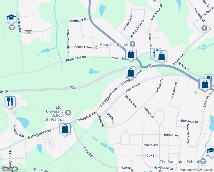 map of restaurants, bars, coffee shops, grocery stores, and more near 101 Campus Walk Trail in Elon