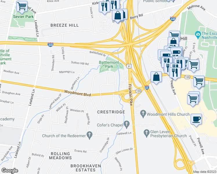 map of restaurants, bars, coffee shops, grocery stores, and more near 837 Crestridge Drive in Nashville