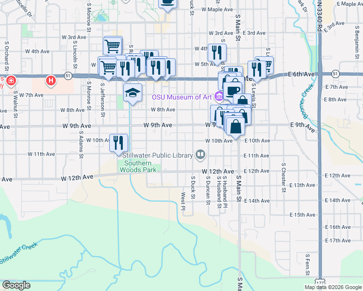 map of restaurants, bars, coffee shops, grocery stores, and more near 423 West 10th Avenue in Stillwater