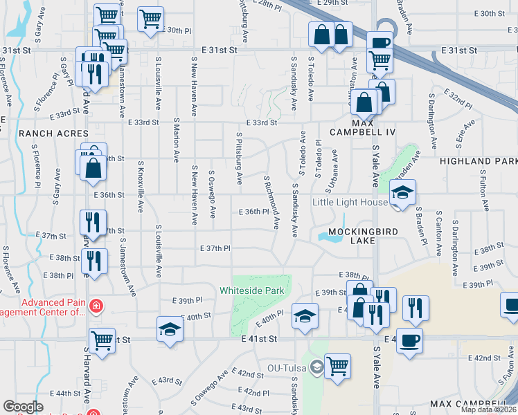 map of restaurants, bars, coffee shops, grocery stores, and more near 4141 East 36th Place in Tulsa