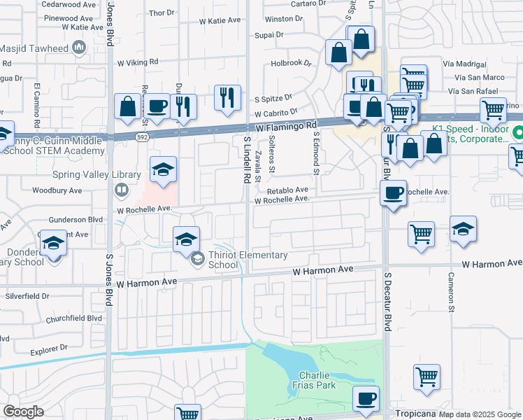 map of restaurants, bars, coffee shops, grocery stores, and more near 5440 River Glen Drive in Las Vegas