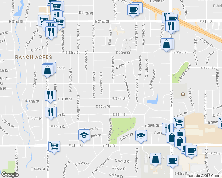 map of restaurants, bars, coffee shops, grocery stores, and more near 4107 East 36th Place in Tulsa