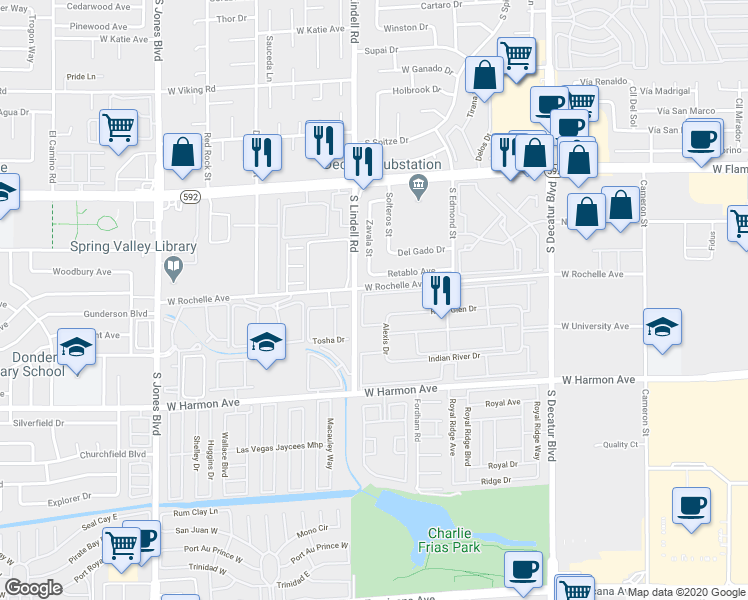 map of restaurants, bars, coffee shops, grocery stores, and more near 5440 River Glen Drive in Las Vegas