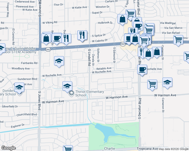 map of restaurants, bars, coffee shops, grocery stores, and more near 5440 River Glen Drive in Las Vegas