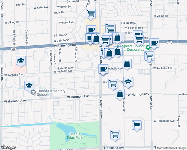 map of restaurants, bars, coffee shops, grocery stores, and more near 4918 River Glen Drive in Las Vegas