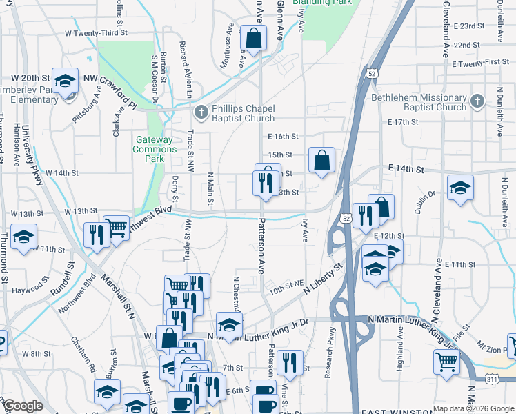 map of restaurants, bars, coffee shops, grocery stores, and more near 1300 Patterson Avenue in Winston-Salem