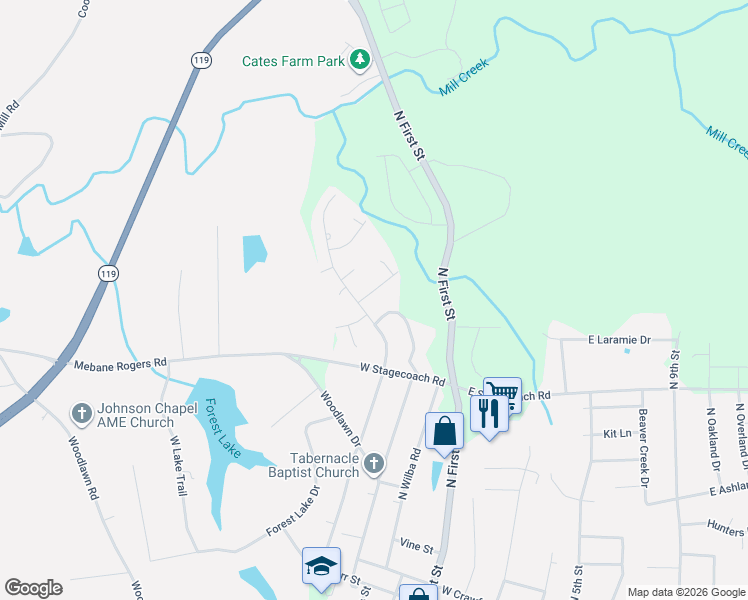 map of restaurants, bars, coffee shops, grocery stores, and more near 102 Cornwallis Drive in Mebane