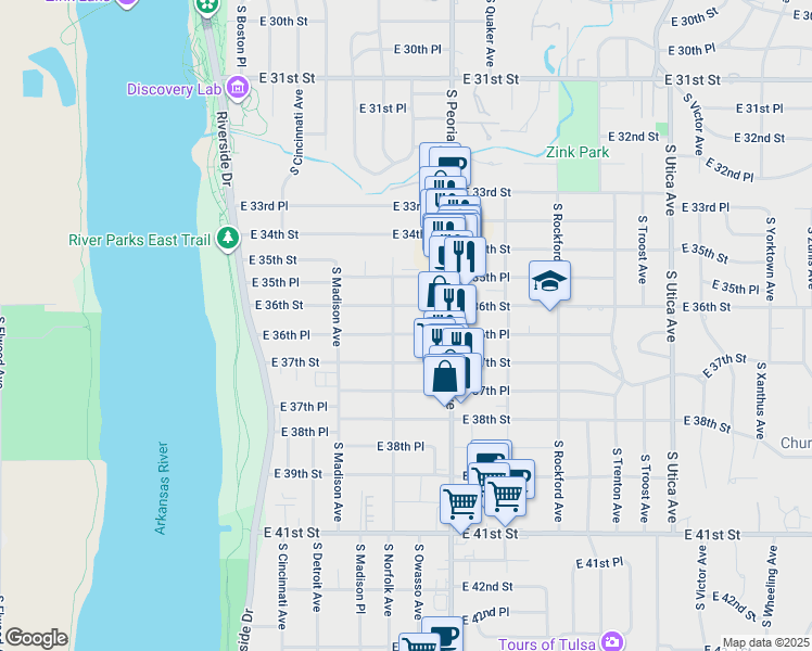 map of restaurants, bars, coffee shops, grocery stores, and more near 1111 E 36th Pl in Tulsa