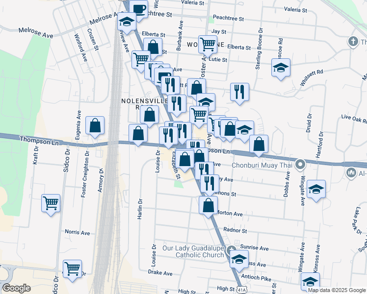 map of restaurants, bars, coffee shops, grocery stores, and more near Nolensville Rd & Thompson Ln in Nashville