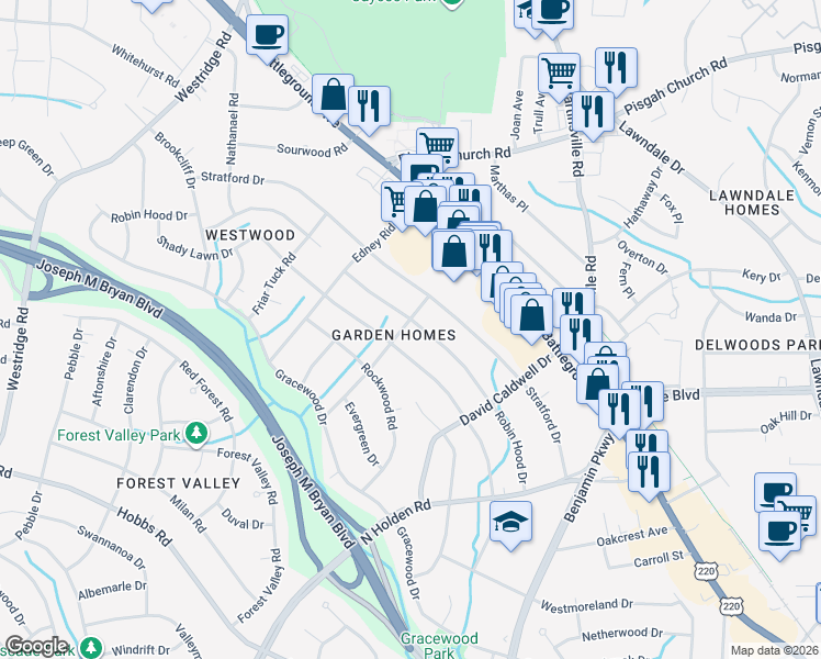 map of restaurants, bars, coffee shops, grocery stores, and more near 2735 Robin Hood Drive in Greensboro