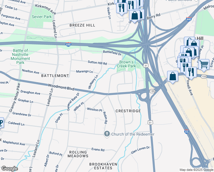 map of restaurants, bars, coffee shops, grocery stores, and more near 3419 Springbrook Drive in Nashville