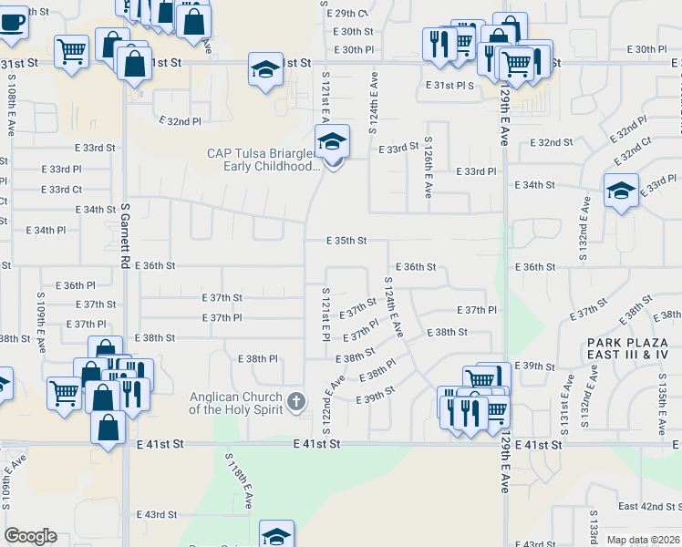 map of restaurants, bars, coffee shops, grocery stores, and more near 12120 East 36th Street in Tulsa