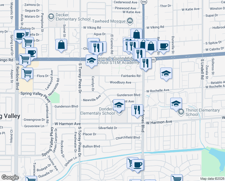 map of restaurants, bars, coffee shops, grocery stores, and more near 6345 Newville Avenue in Las Vegas