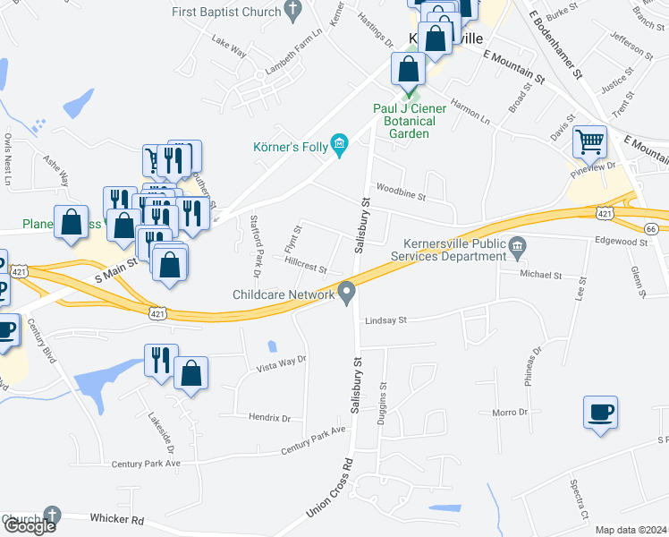 map of restaurants, bars, coffee shops, grocery stores, and more near 719 Carter Street in Kernersville