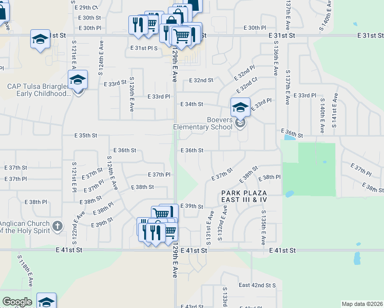 map of restaurants, bars, coffee shops, grocery stores, and more near 13014 East 36th Street in Tulsa