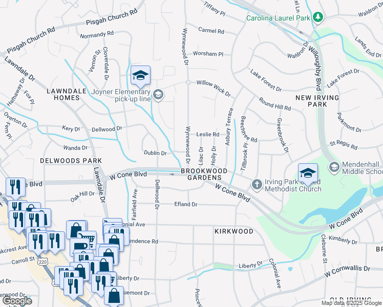 map of restaurants, bars, coffee shops, grocery stores, and more near 2706 Wynnewood Drive in Greensboro