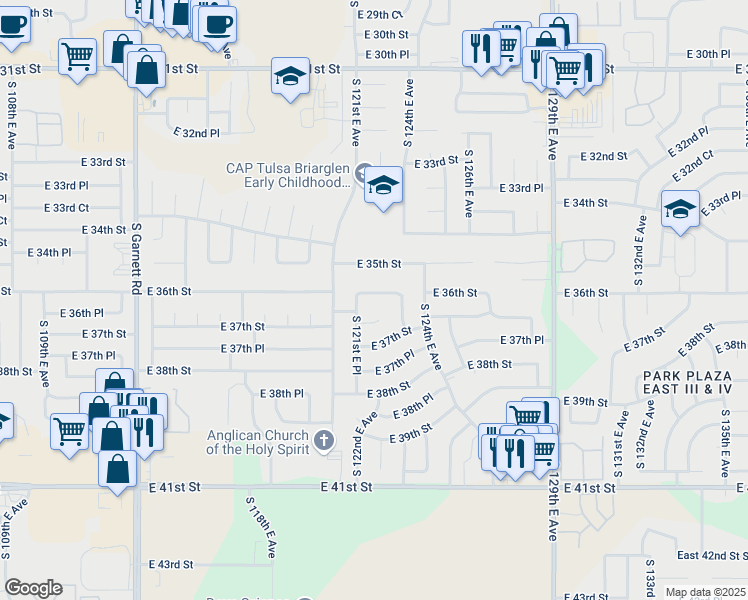 map of restaurants, bars, coffee shops, grocery stores, and more near 12120 East 36th Street in Tulsa