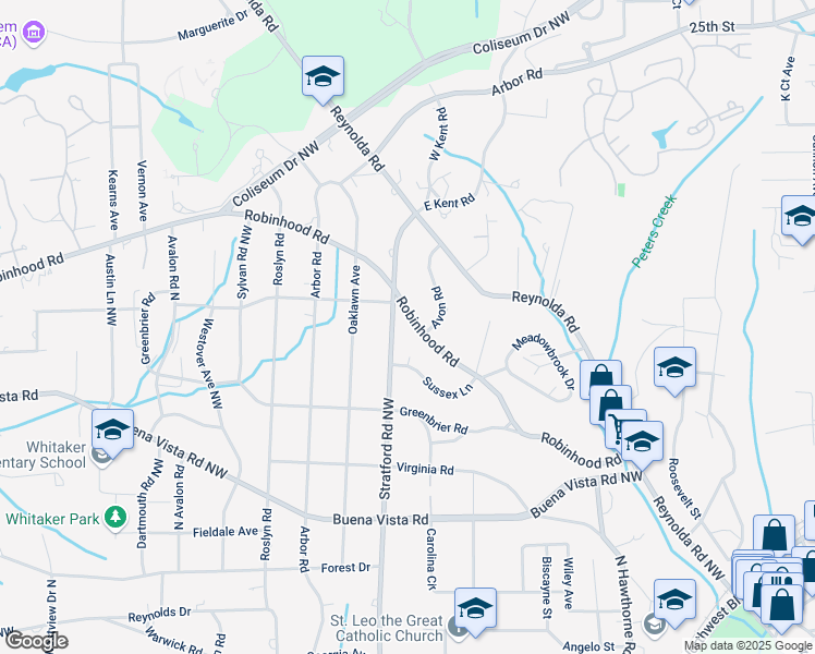 map of restaurants, bars, coffee shops, grocery stores, and more near 2020 Robinhood Road in Winston-Salem