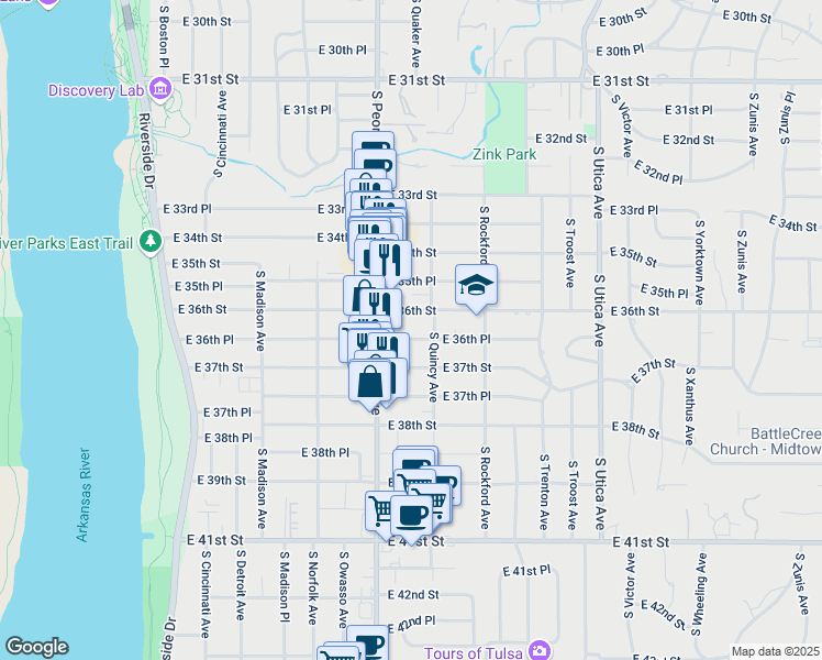 map of restaurants, bars, coffee shops, grocery stores, and more near 1331 East 36th Place in Tulsa