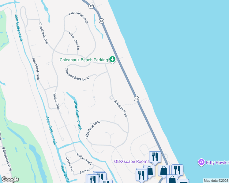map of restaurants, bars, coffee shops, grocery stores, and more near 78 Spindrift Trail in Kitty Hawk