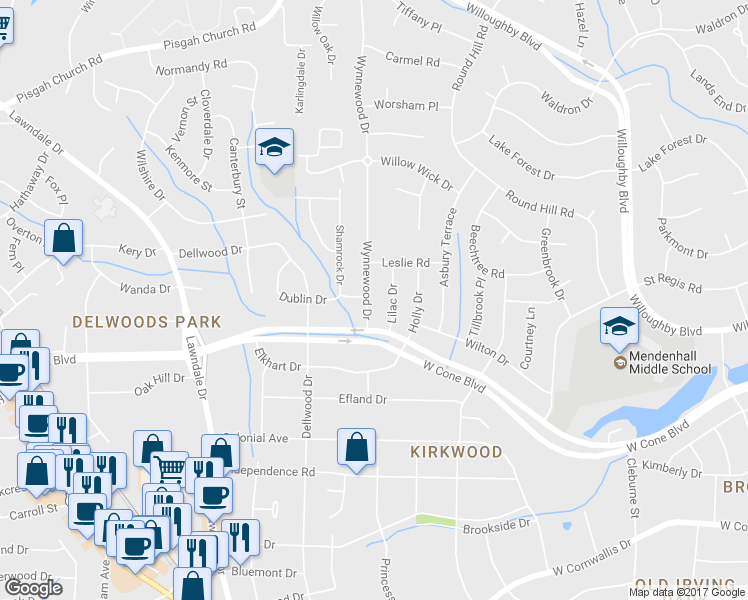 map of restaurants, bars, coffee shops, grocery stores, and more near 2706 Wynnewood Drive in Greensboro