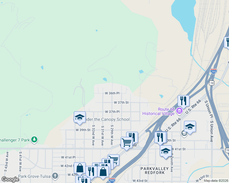 map of restaurants, bars, coffee shops, grocery stores, and more near 3623 South 29th West Avenue in Tulsa