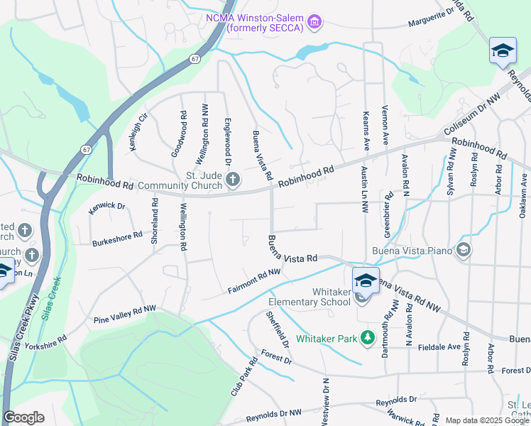 map of restaurants, bars, coffee shops, grocery stores, and more near 3100 Buena Vista Road in Winston-Salem