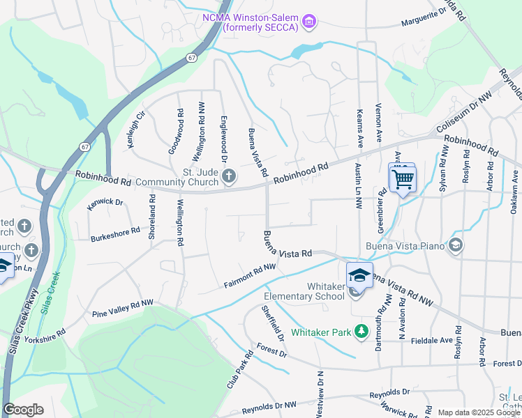 map of restaurants, bars, coffee shops, grocery stores, and more near 3100 Buena Vista Road in Winston-Salem