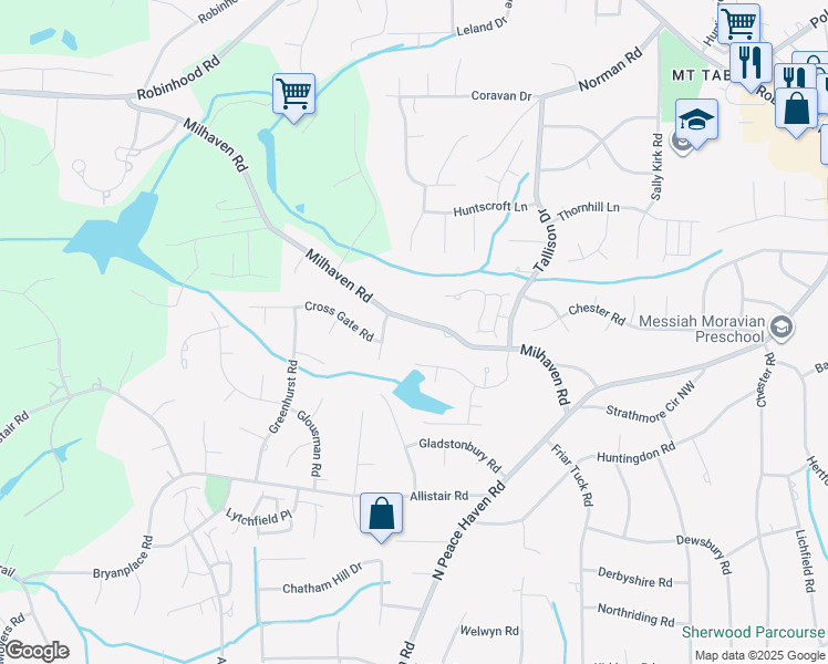 map of restaurants, bars, coffee shops, grocery stores, and more near 3562 Milhaven Road in Winston-Salem