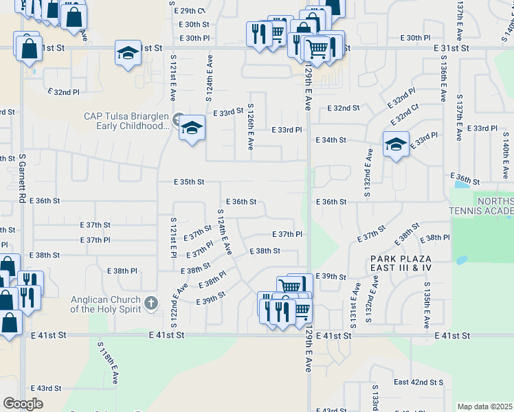 map of restaurants, bars, coffee shops, grocery stores, and more near 12452 East 36th Street in Tulsa