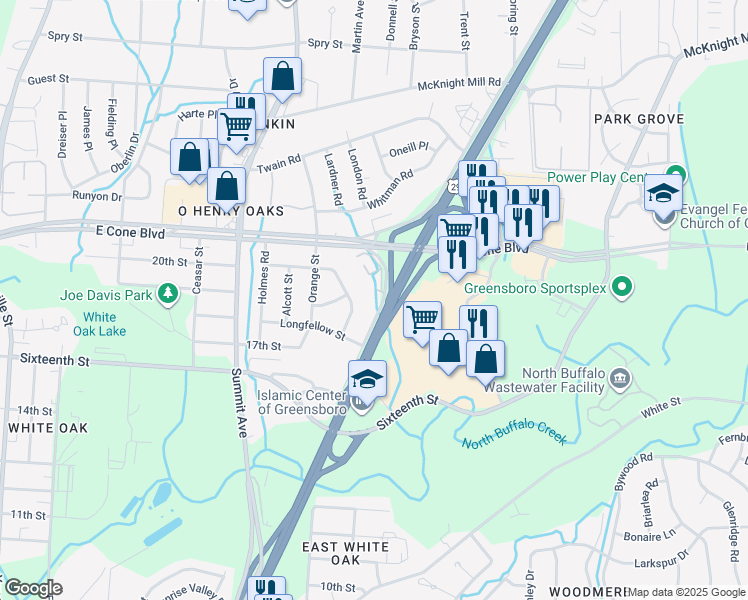 map of restaurants, bars, coffee shops, grocery stores, and more near 2815 North Ohenry Boulevard in Greensboro