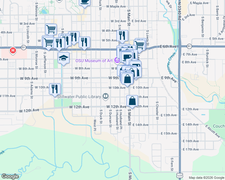 map of restaurants, bars, coffee shops, grocery stores, and more near 1001 South Duncan Street in Stillwater