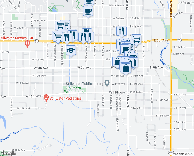 map of restaurants, bars, coffee shops, grocery stores, and more near 423 West 10th Avenue in Stillwater