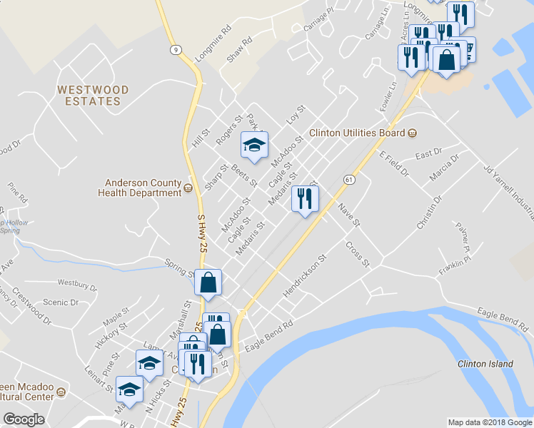 map of restaurants, bars, coffee shops, grocery stores, and more near 723 Medaris Street in Clinton
