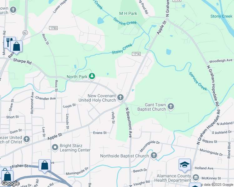 map of restaurants, bars, coffee shops, grocery stores, and more near 1402 Duggins Drive in Burlington