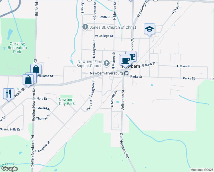 map of restaurants, bars, coffee shops, grocery stores, and more near 110 South Jackson Street in Newbern