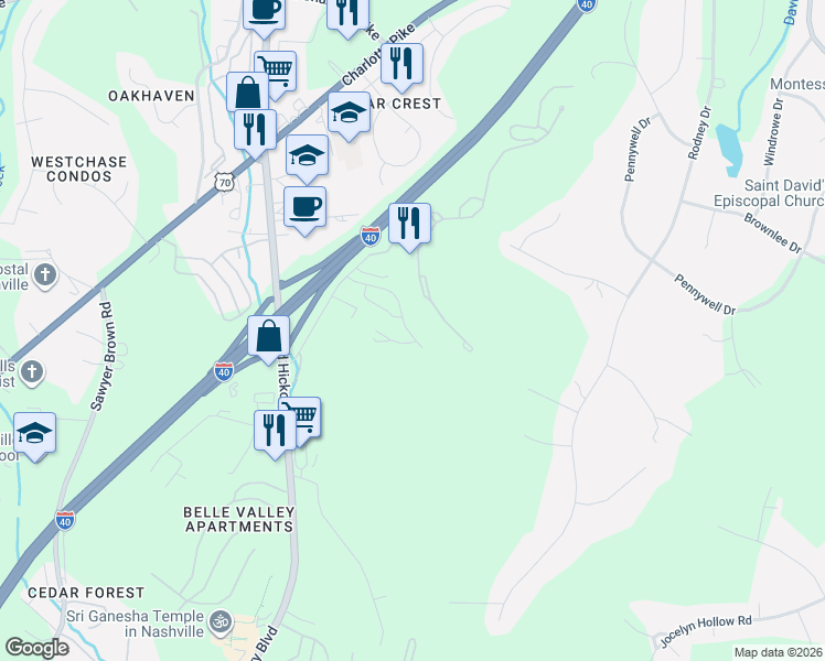 map of restaurants, bars, coffee shops, grocery stores, and more near 171 Stonecrest Drive in Nashville