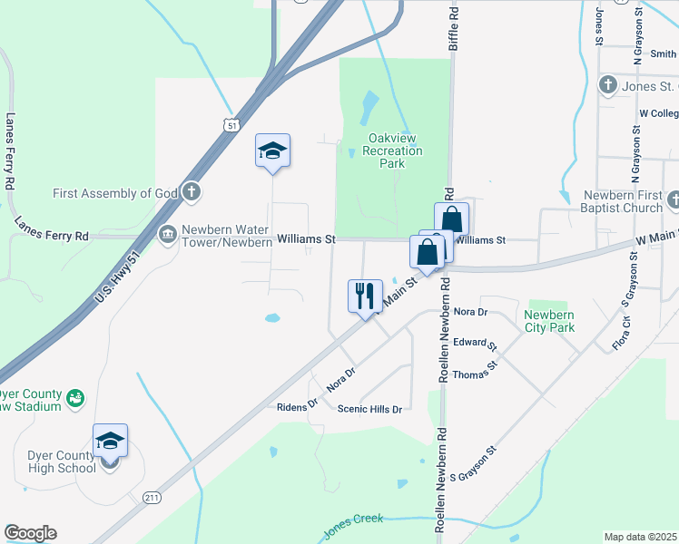 map of restaurants, bars, coffee shops, grocery stores, and more near 124 Wheatley Dr in Newbern