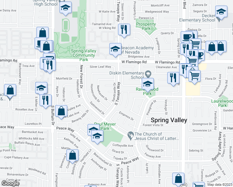 map of restaurants, bars, coffee shops, grocery stores, and more near 4296 Sandcastle Drive in Las Vegas