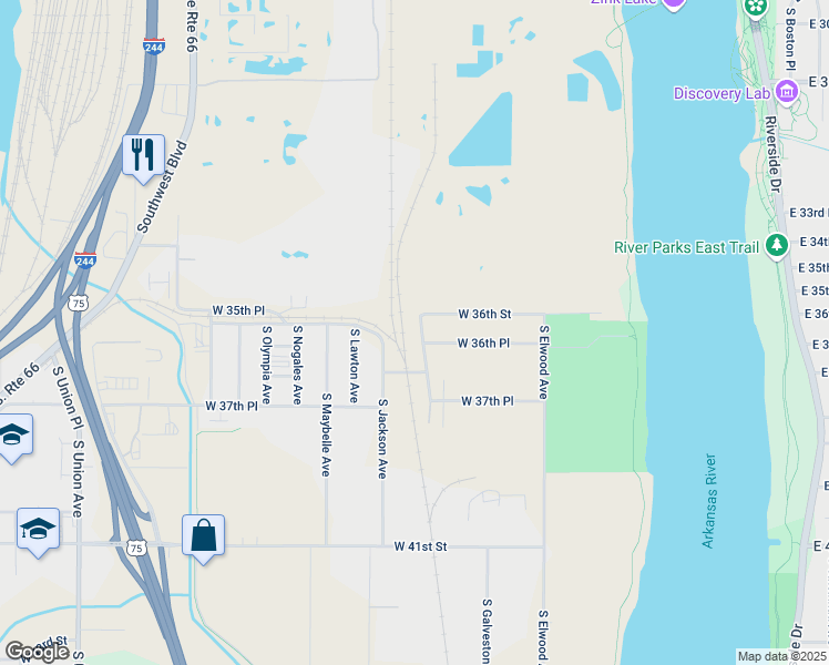 map of restaurants, bars, coffee shops, grocery stores, and more near 3612 South Galveston Avenue in Tulsa