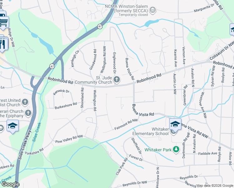 map of restaurants, bars, coffee shops, grocery stores, and more near 2857 Merry Acres Lane in Winston-Salem