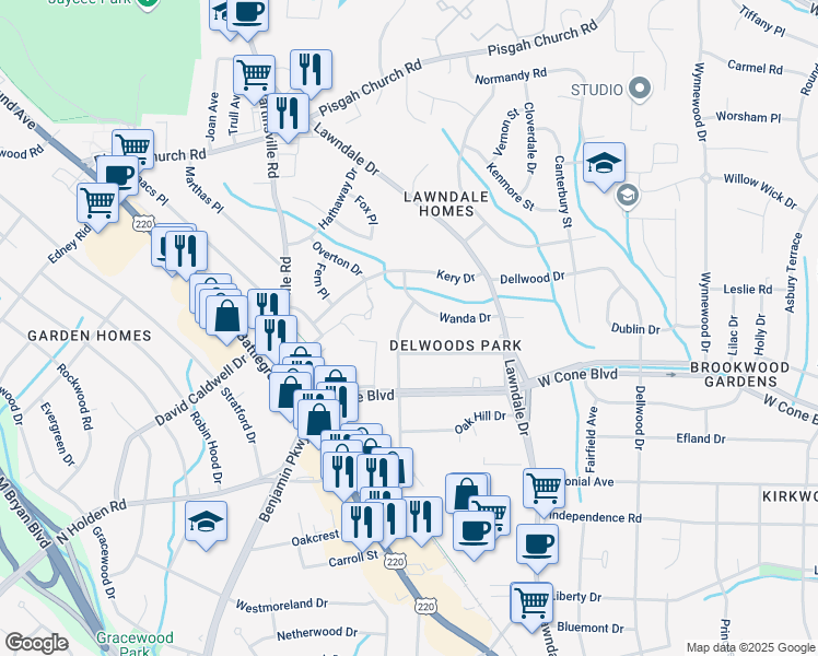 map of restaurants, bars, coffee shops, grocery stores, and more near 3104 Branchwood Drive in Greensboro
