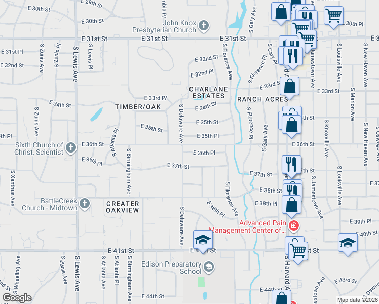 map of restaurants, bars, coffee shops, grocery stores, and more near 2807 East 36th Place in Tulsa