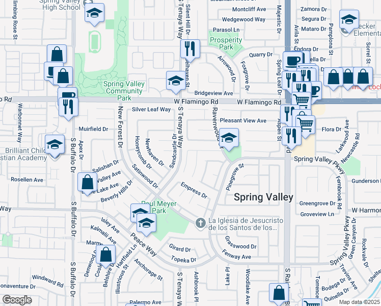map of restaurants, bars, coffee shops, grocery stores, and more near 4294 Cloverhill Court in Las Vegas